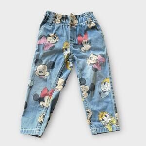 H&M Kids Disney Jeans Sz 2-3Y Mickey, Minnie & Donald All Over Print Denim